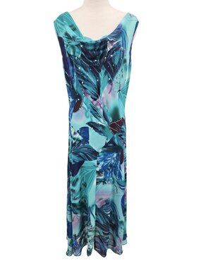Jessica Sleeveless Maxi Dress Lined Floral Sz 10 Teal Sequins Cowl Neck Flowy